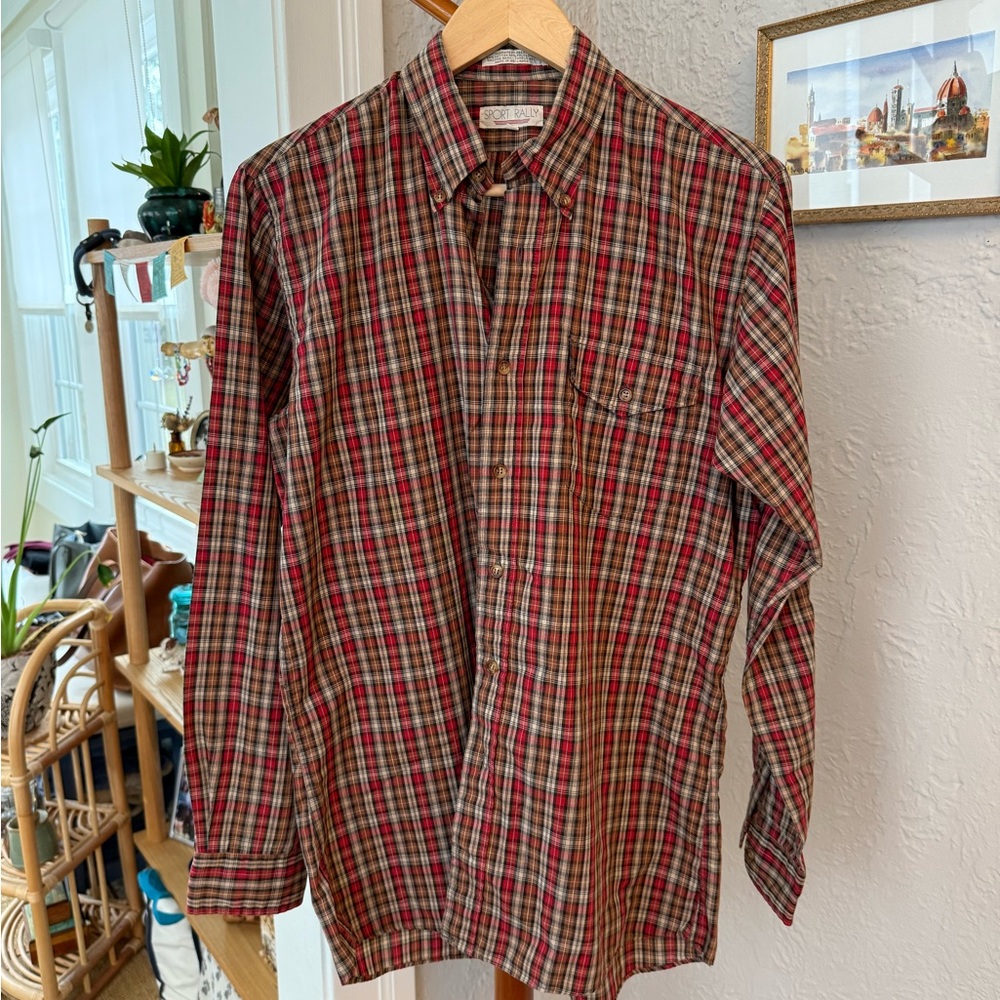 80s Vintage Men’s Sport Rally Plaid Button-Down Shirt // M